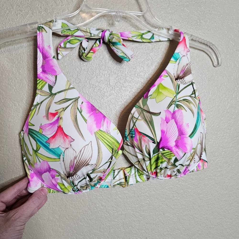 Victoria's Secret Tropical Floral Underwire Halter Bikini‎ Top White Pink 36DD